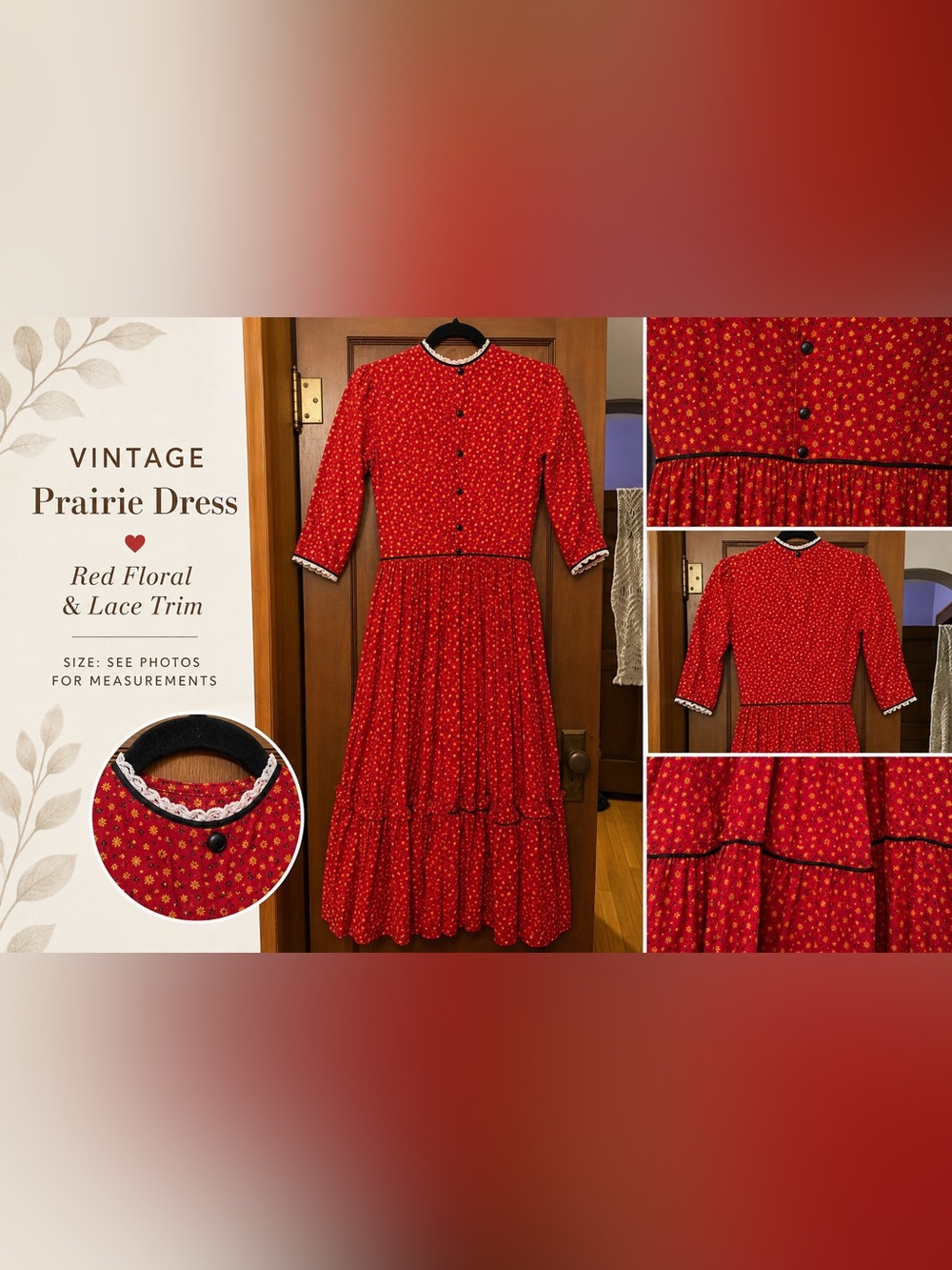Vintage Prairie Dress – Red Floral / Button Back / Cottagecore - Picture 1 of 6